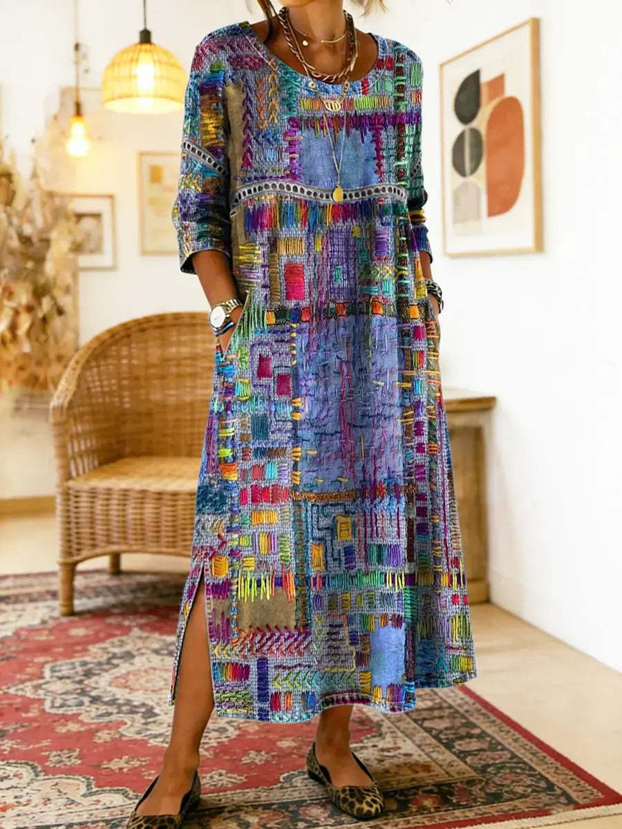 Lunethra™ - Robe Denim Patchwork Ethnique Femme