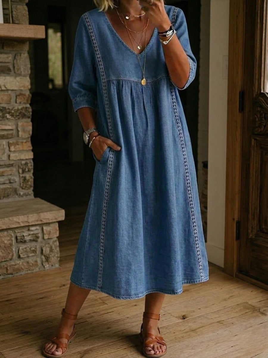 Fyntra™ - Robe femme denim fluide col V dentelle style décontracté élégant