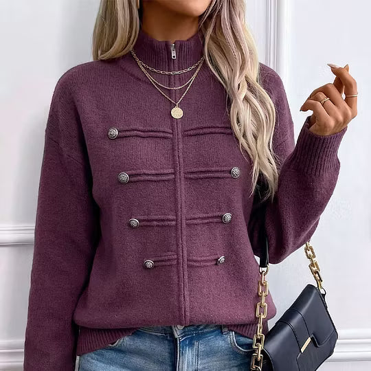 Teuntje - Gilet en maille femme à col montant zippé et boutons décoratifs