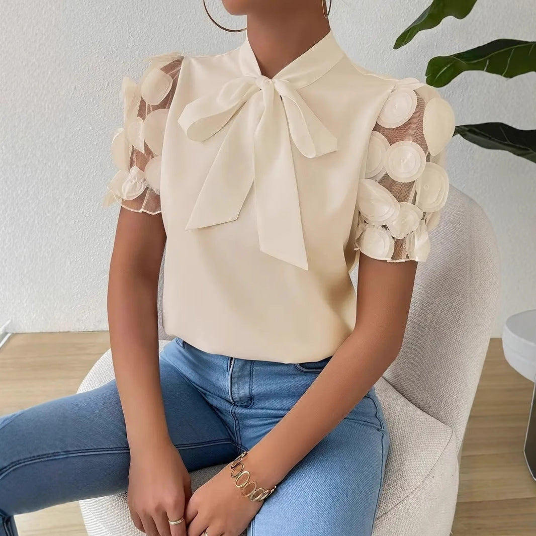 Cirelle™ - Chemisier d'été uni en dentelle avec nœud et manches courtes