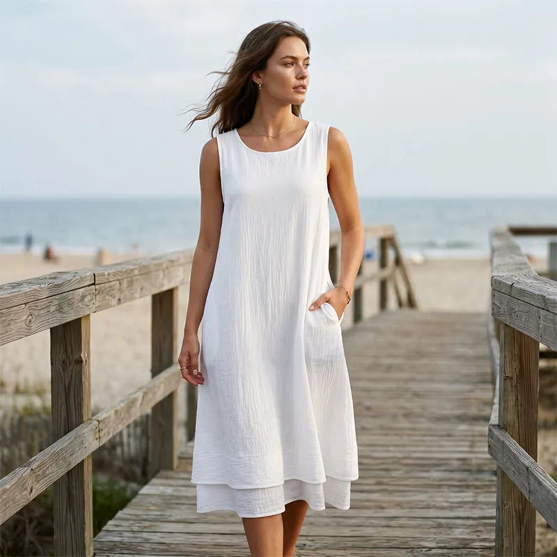 Riselia - Robe midi femme sans manches fluide à volants