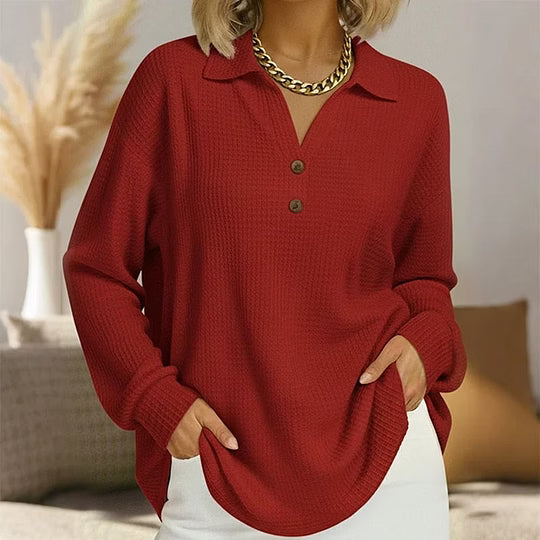 Jorina - Blouse Femme à Col V Boutonné et Manches Longues en Maille Gaufrée