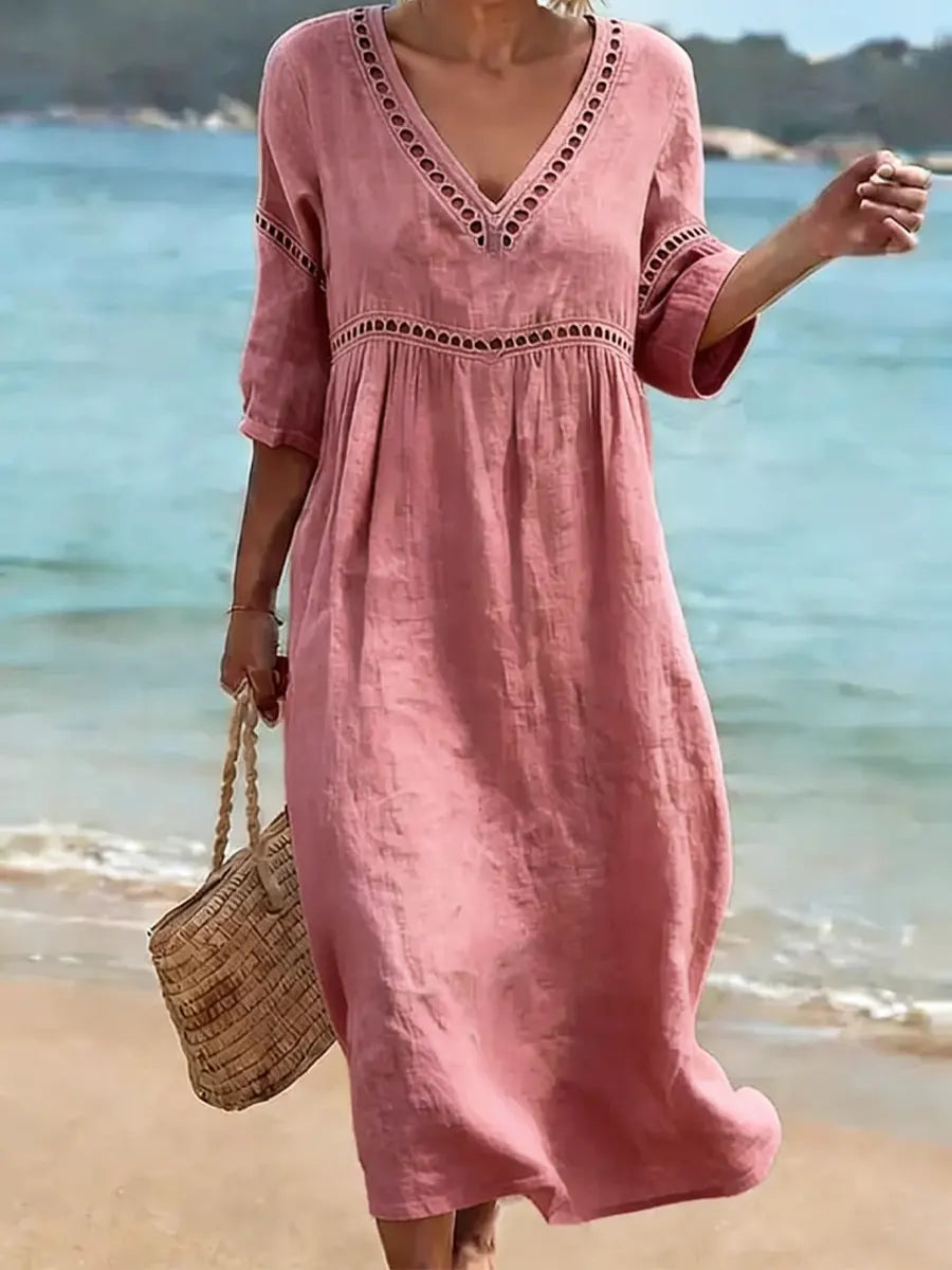 Rynoxa™ - Robe femme midi fluide col V manches larges style naturel élégant
