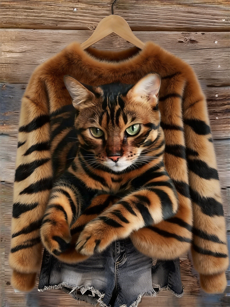 Lunavessine™ - Sweat En Peluche Douillet À Motif Tigre Et Chat Tigré