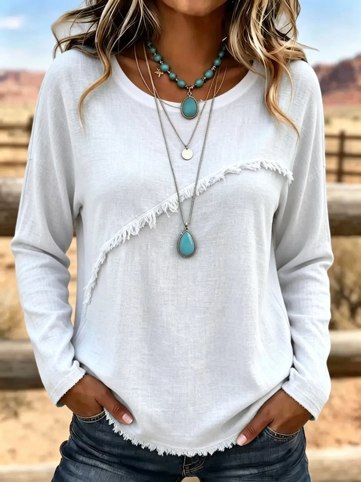 Elsemieke - Blouse femme vintage à col rond avec franges