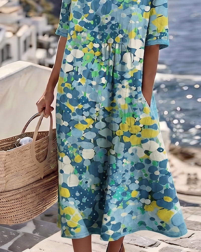 Averixa™ - Robe femme mi-longue imprimé floral abstrait coton lin été