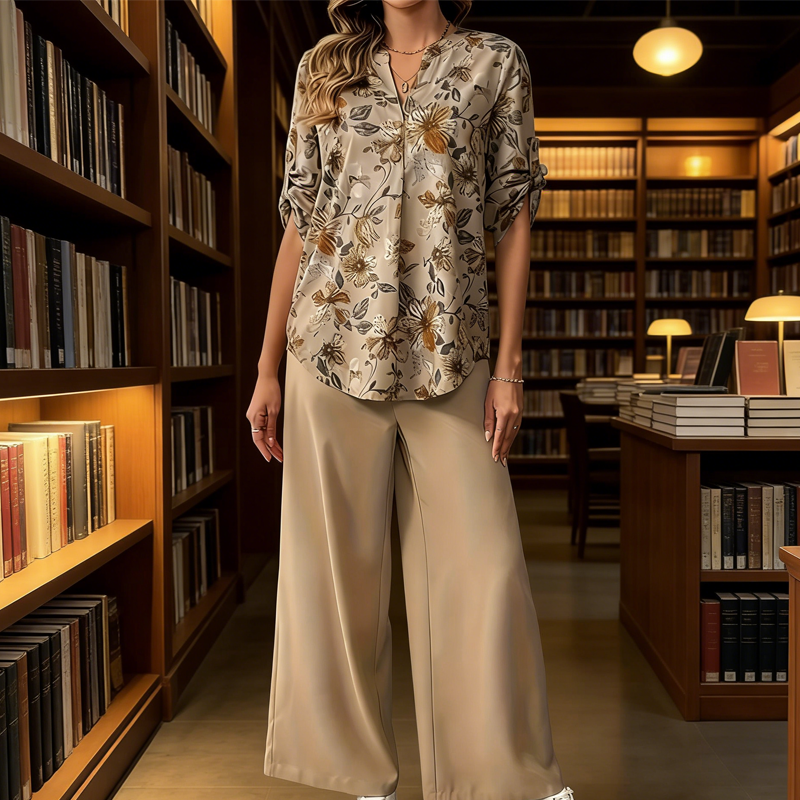 Cynellea™ - Ensemble femme chemisier floral pantalon fluide chic quotidien