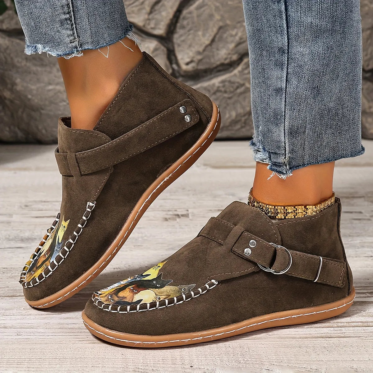 Annefleur - Mocassins femme imprimé chat à enfiler