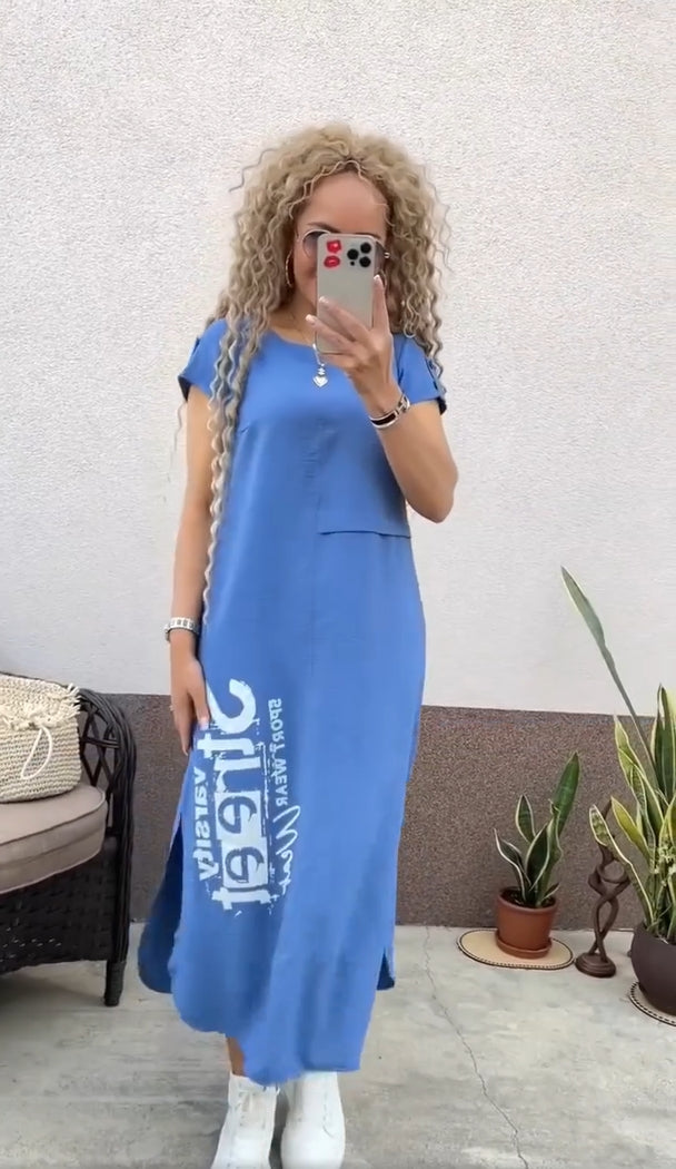 Delara™ - Robe à imprimé lettres avec col rond et fente au niveau des poches