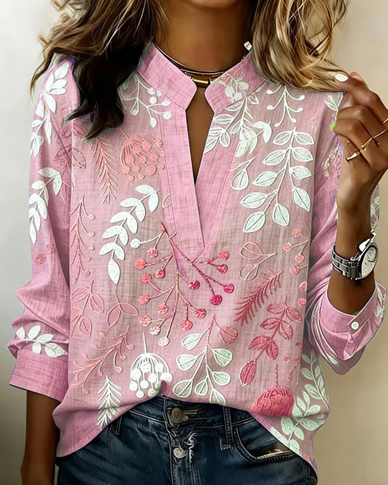 Drynora™ - Blouse femme imprimée florale col ouvert manches longues style élégant