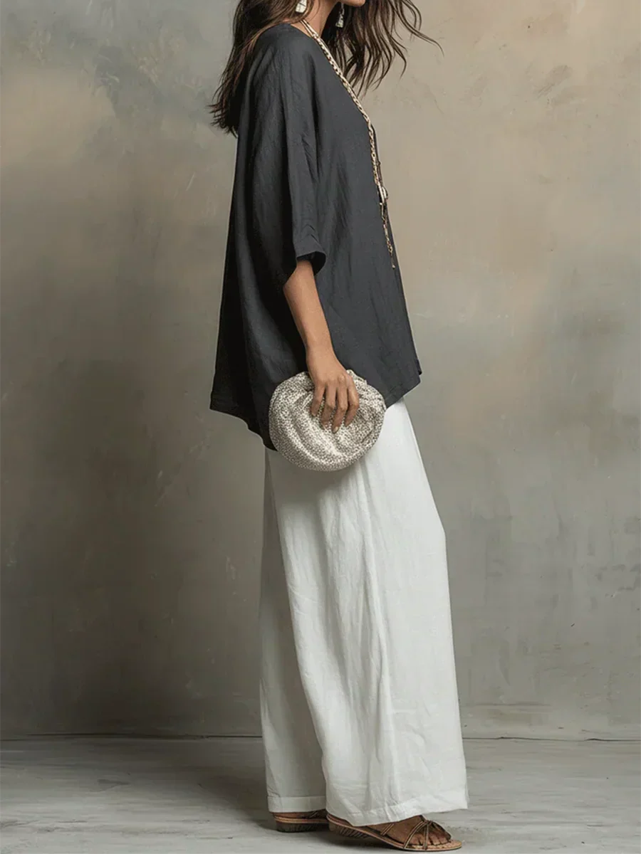 Tyvella™ - Ensemble Femme Lin Deux Pièces Coupe Ample Pantalon Fluide