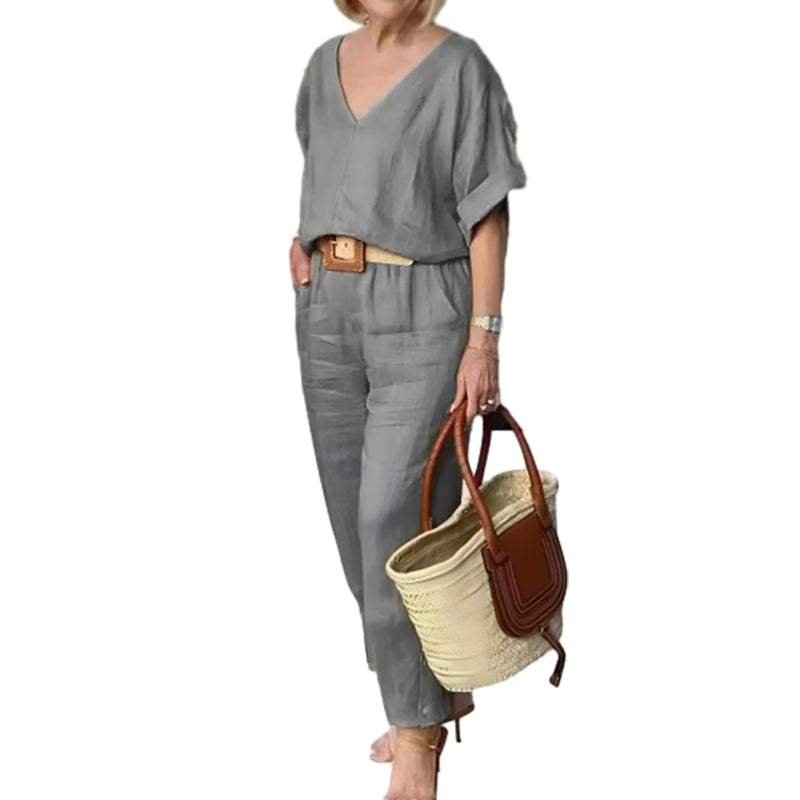 Loxaria™ - Ensemble femme haut col V pantalon poches style décontracté