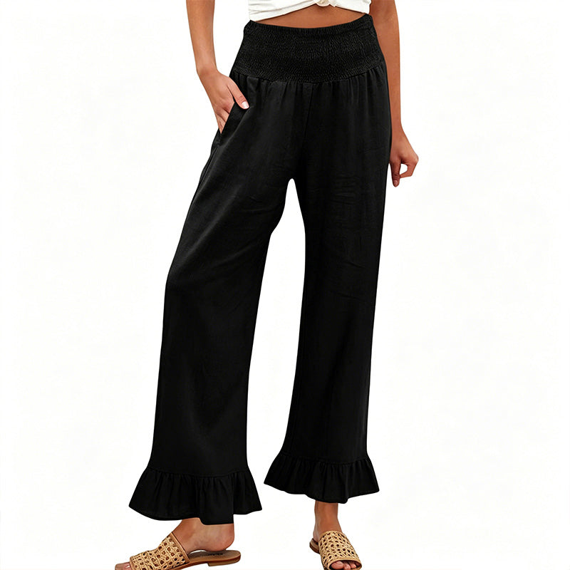 Dorexa™ - Pantalon femme taille haute smockée large coton lin boho