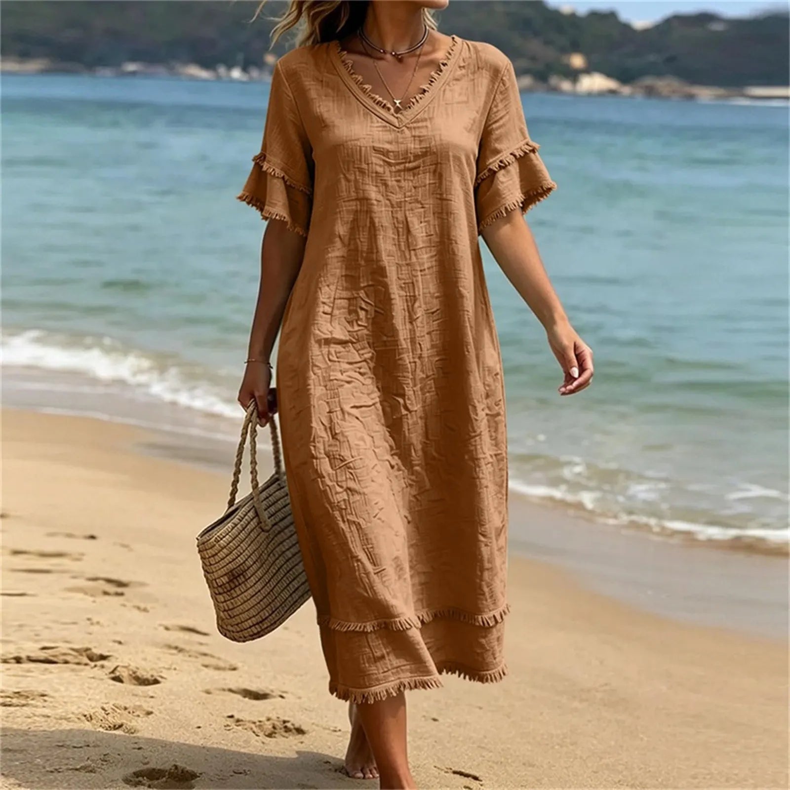 Naelle - Robe femme col V à franges style bohème