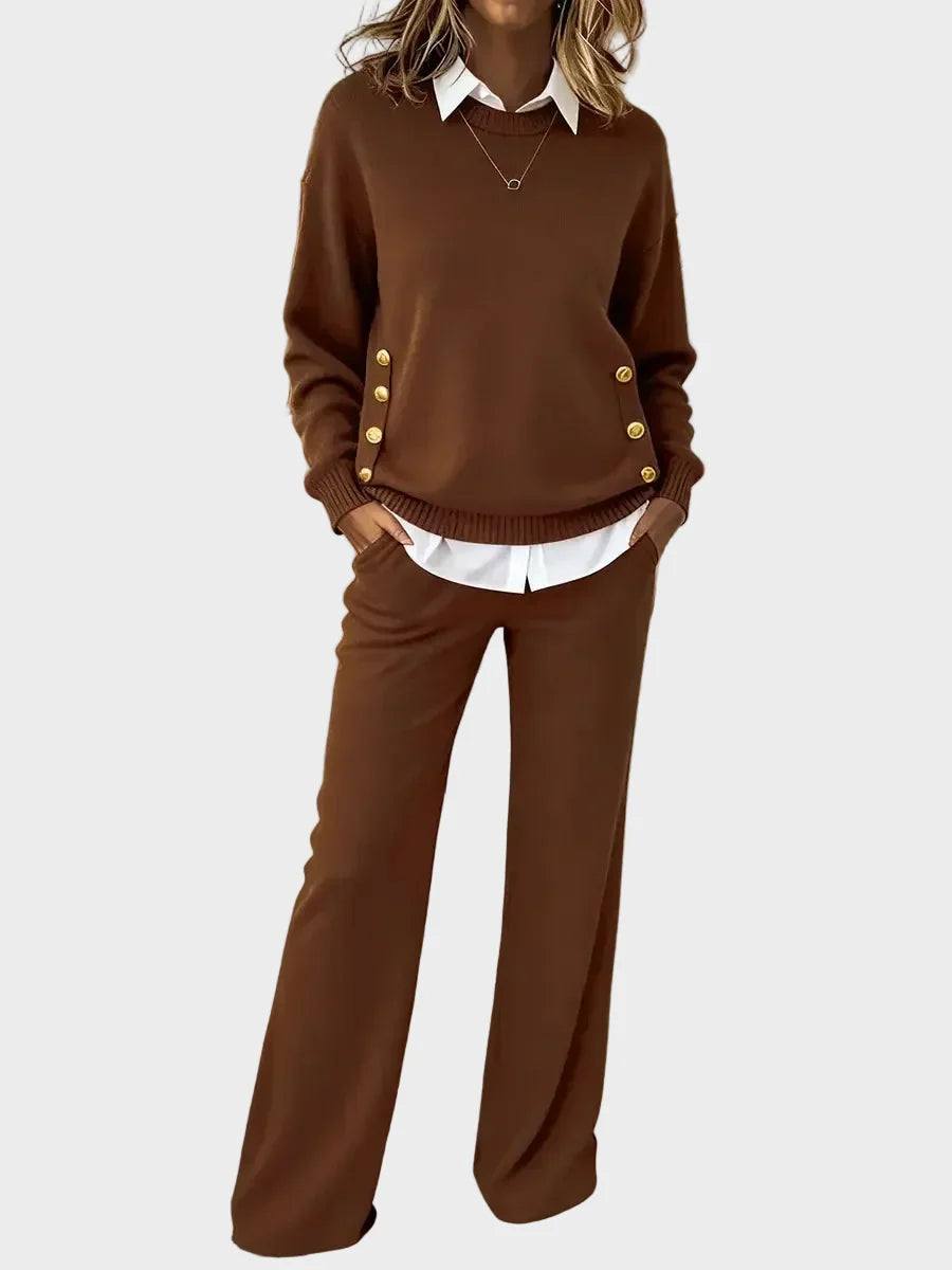 Noëllie - Ensemble en maille femme avec pull à boutons et pantalon large