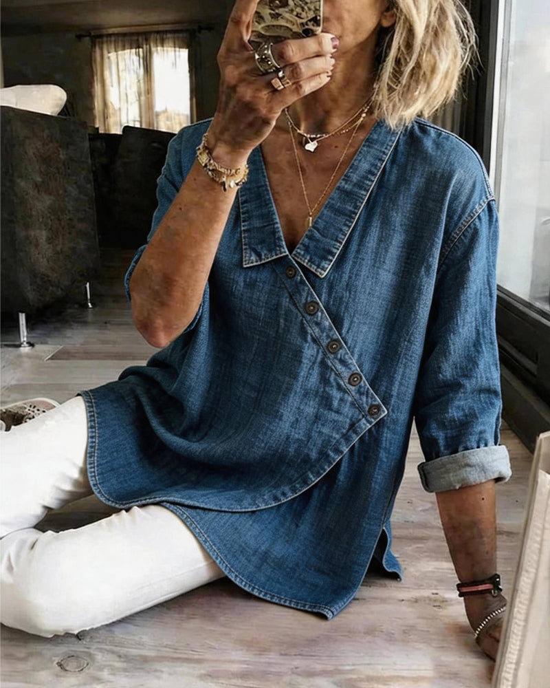 Mélusine - Blouse femme ample effet denim à boutons diagonaux