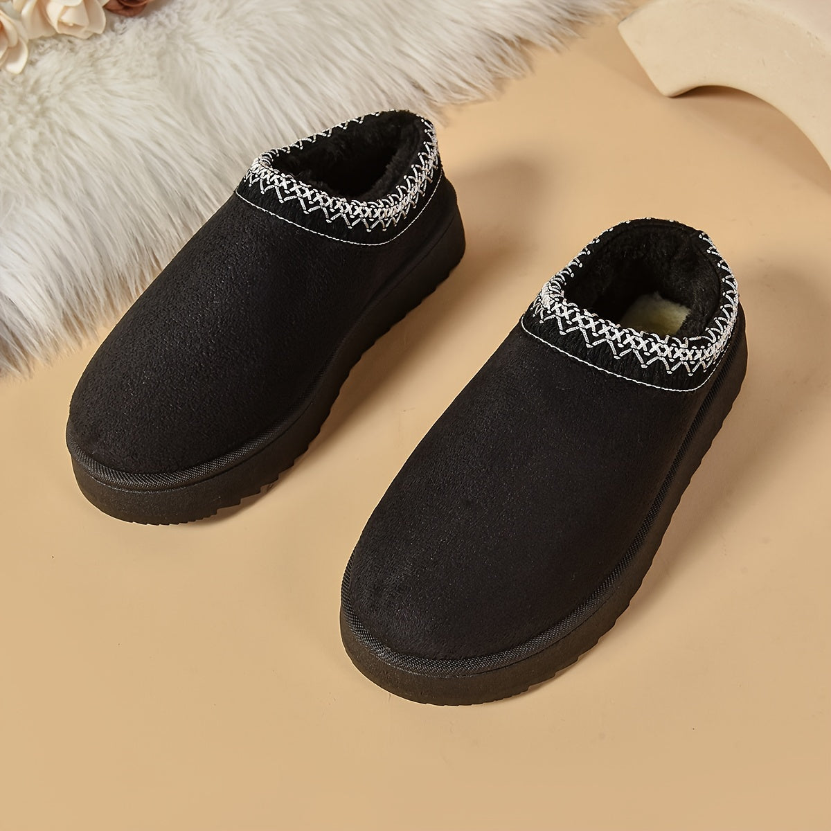 Ethnic-Inspired Slip-On Boots - Warm, Comfortable, Stylish, Faux Fur Lined, Low Heel, Black and Brown