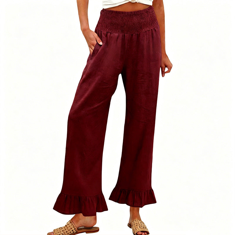 Dorexa™ - Pantalon femme taille haute smockée large coton lin boho