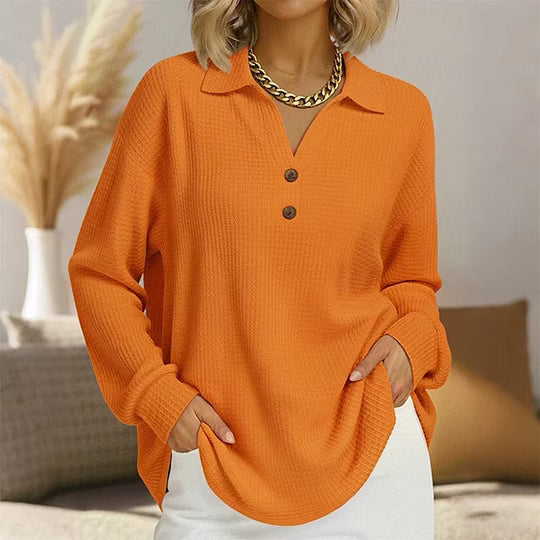 Jorina - Blouse Femme à Col V Boutonné et Manches Longues en Maille Gaufrée