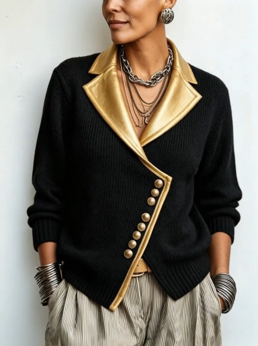 Djoeke - Cardigan femme en maille côtelée à col châle et détails métallisés