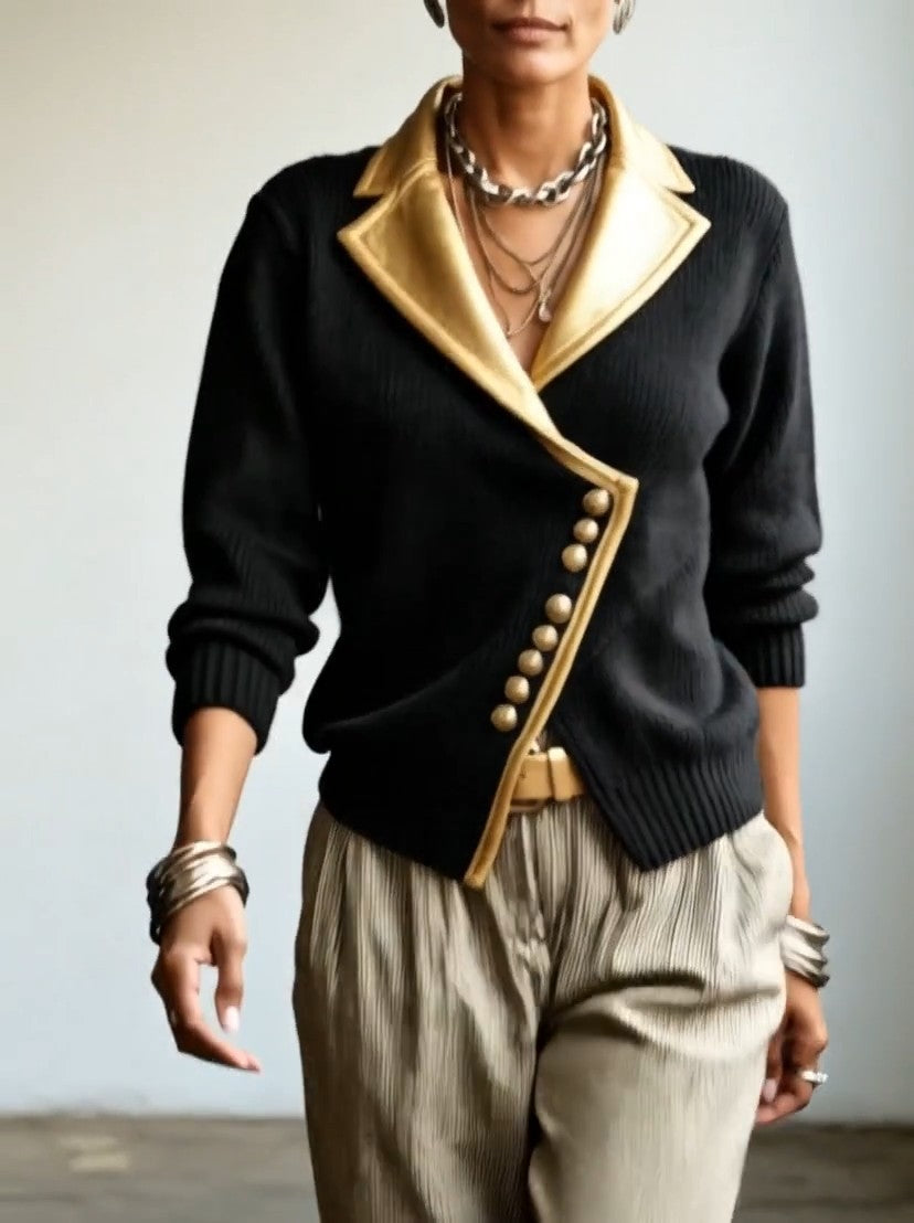 Djoeke - Cardigan femme en maille côtelée à col châle et détails métallisés