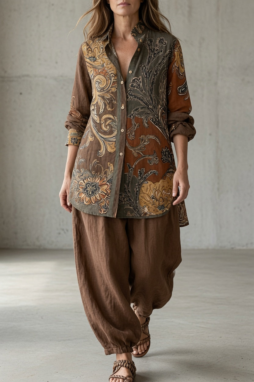 Keira - Ensemble femme vintage chemise imprimée avec pantalon fluide