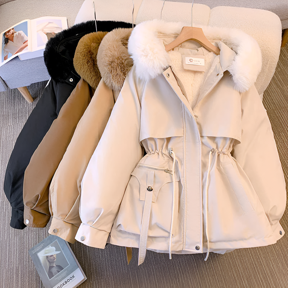 Klasien - Veste d’hiver femme matelassée à capuche fourrée et taille ajustable