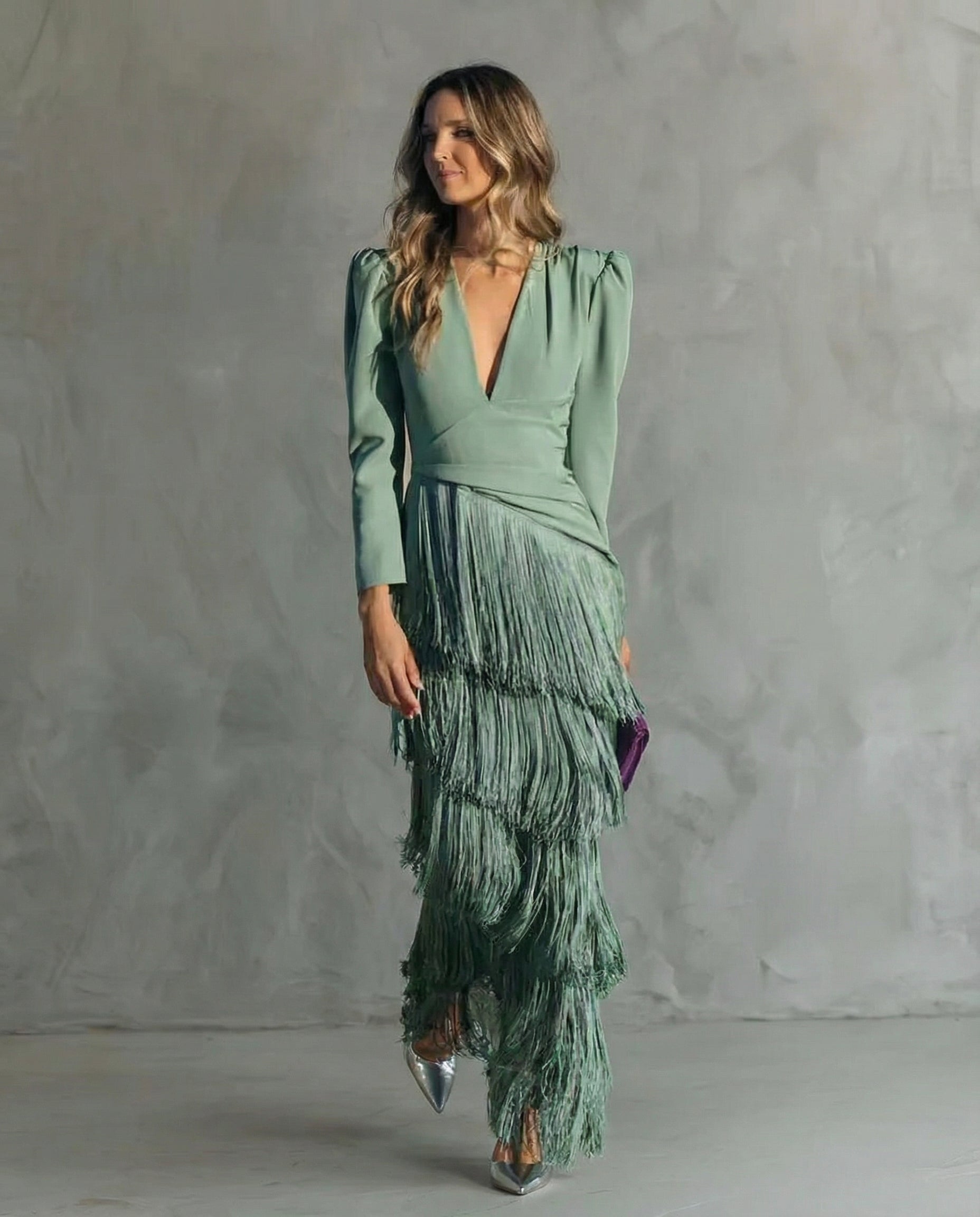 Brigitte™ - Robe Midi Femme Élégante À Franges Décolleté V Manches Longues