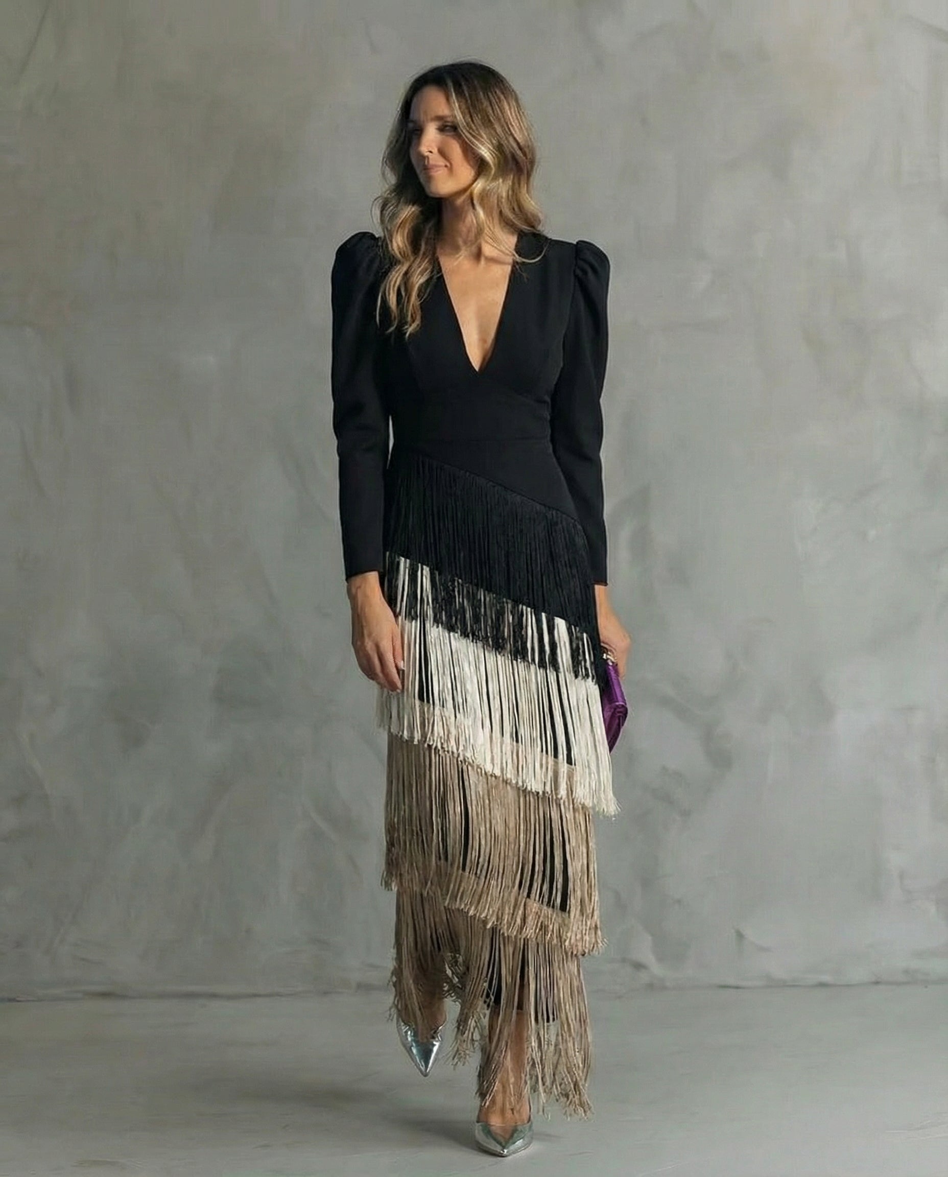 Brigitte™ - Robe Midi Femme Élégante À Franges Décolleté V Manches Longues
