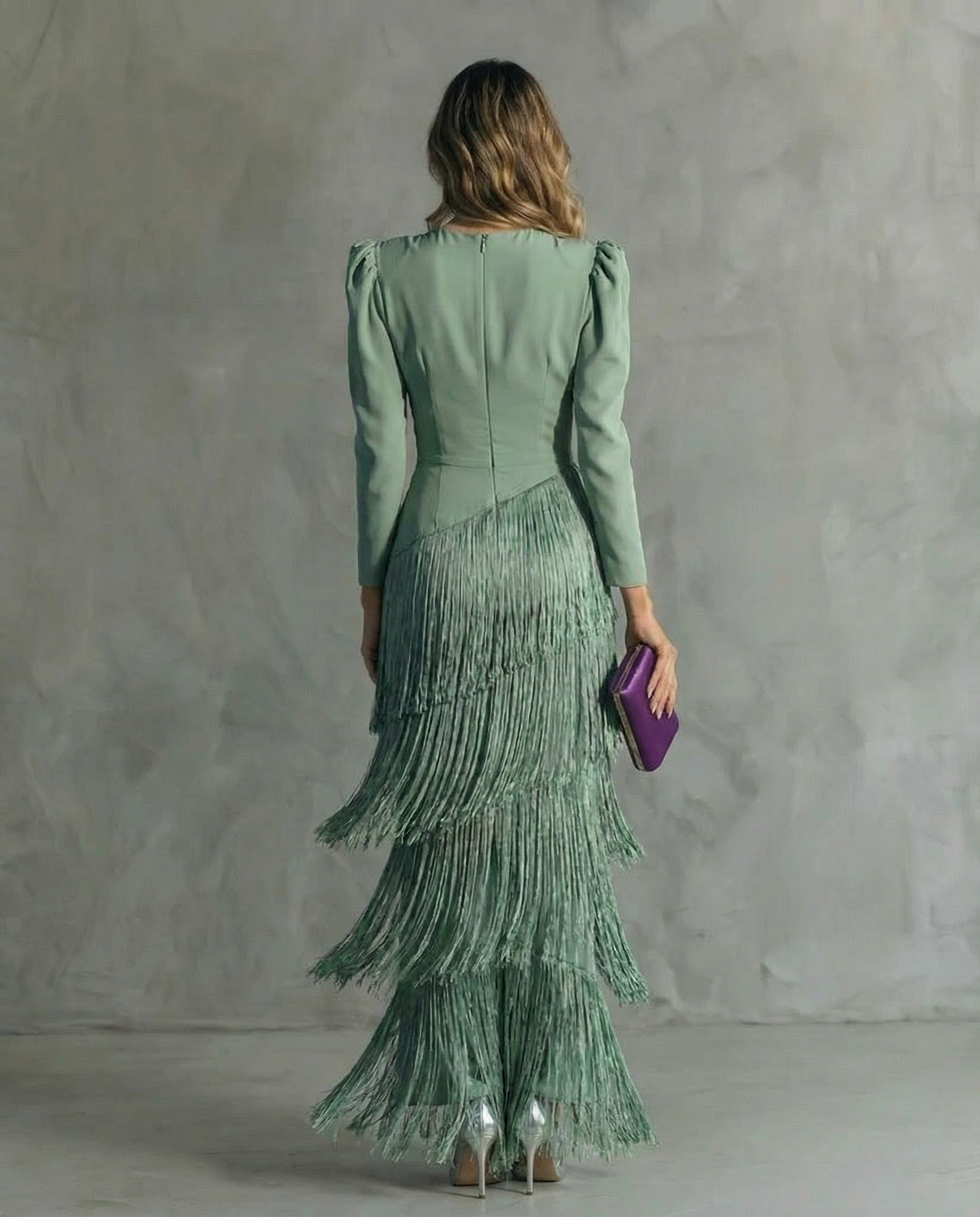Brigitte™ - Robe Midi Femme Élégante À Franges Décolleté V Manches Longues