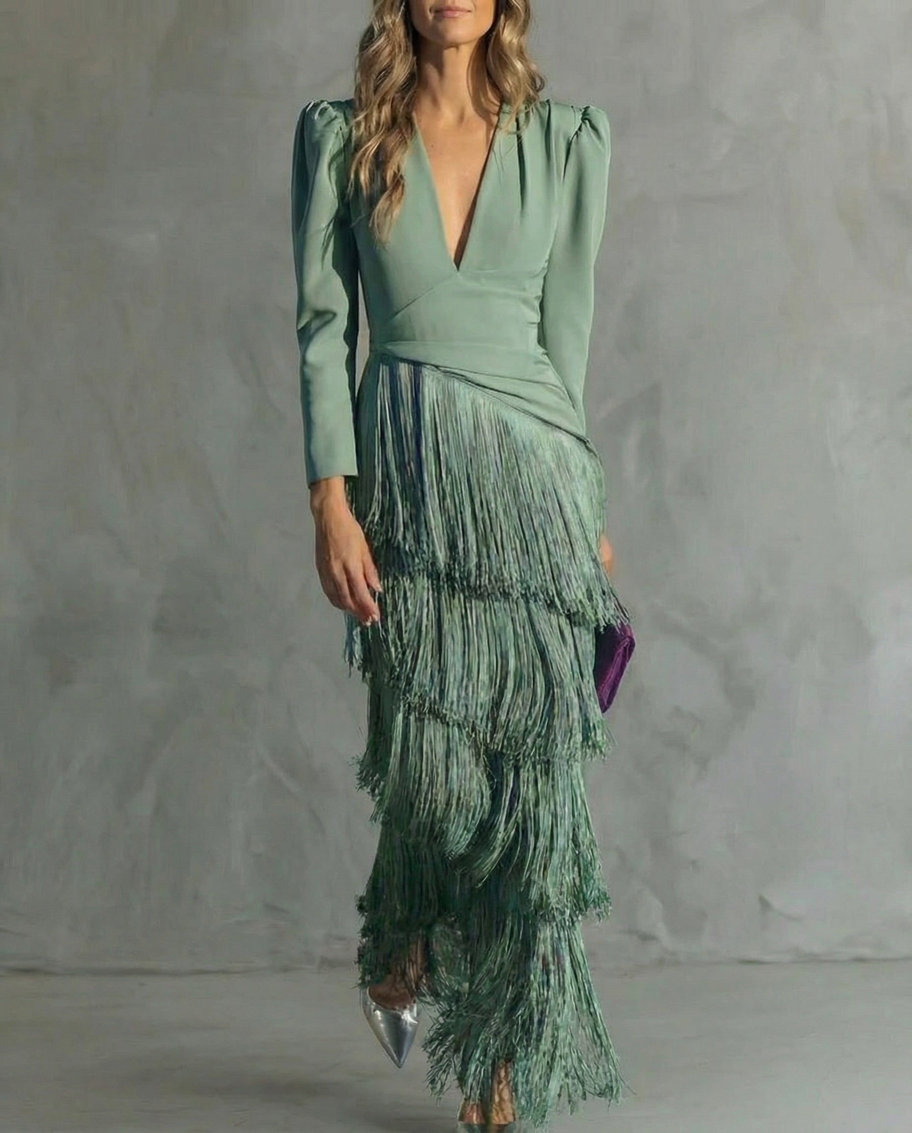 Brigitte™ - Robe Midi Femme Élégante À Franges Décolleté V Manches Longues