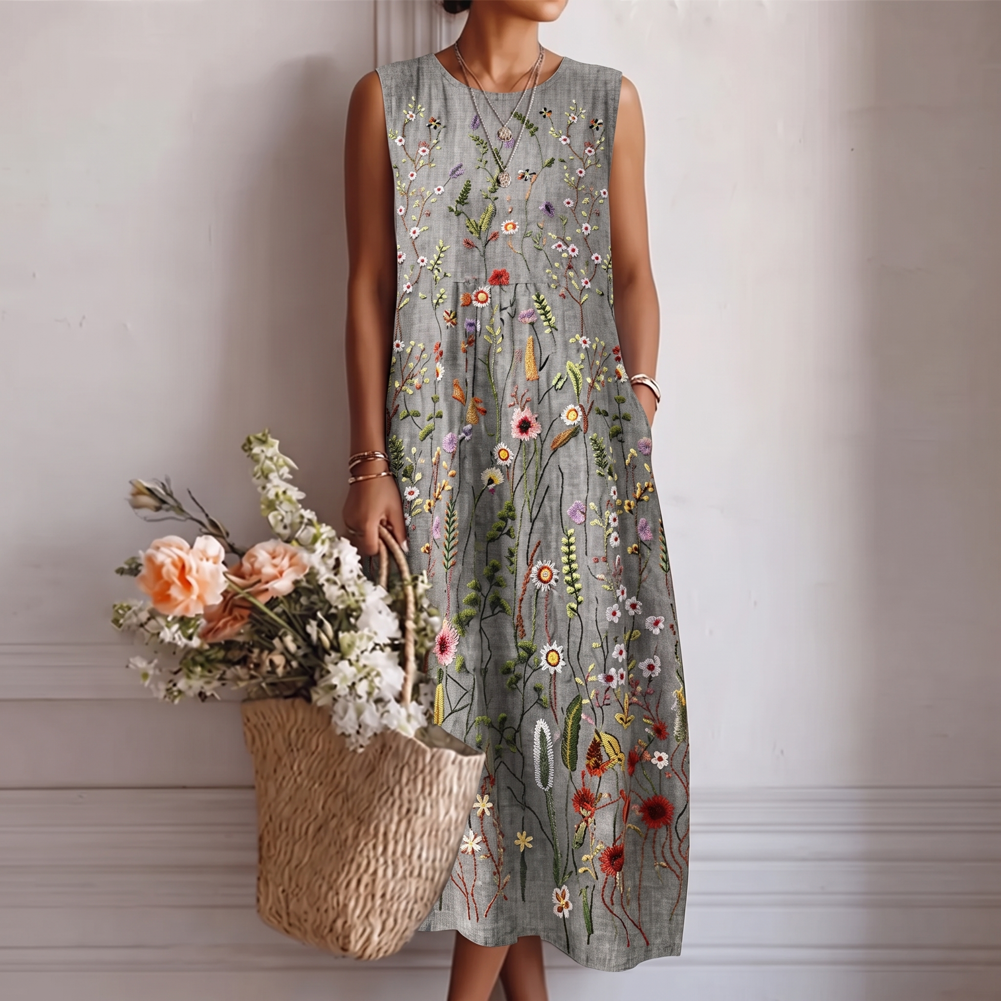 Jovisse - Robe midi femme fluide à col rond