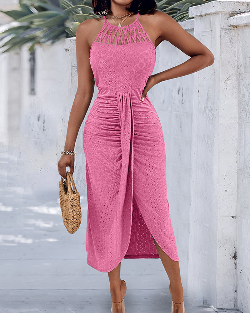 Fynovia™ - Robe midi femme jacquard ajourée col halter élégante fendue