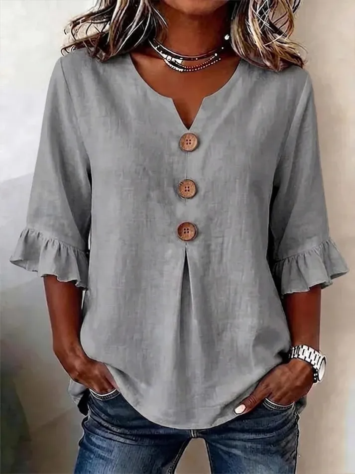 Lythra™ - Chemisier Femme Col V Boutonné Manches Mi Longues Coupe Fluide