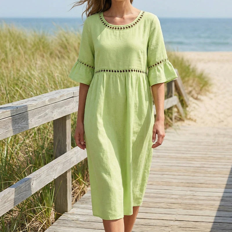 Pryline™ - Robe femme mi-longue lin col rond dentelle ajourée manches volants