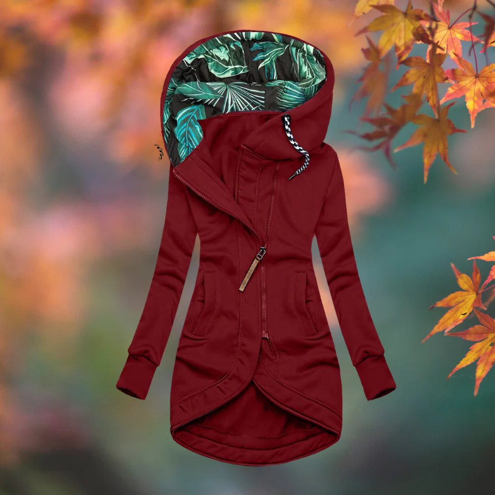 Annemieke - Veste femme longue à capuche avec fermeture zippée