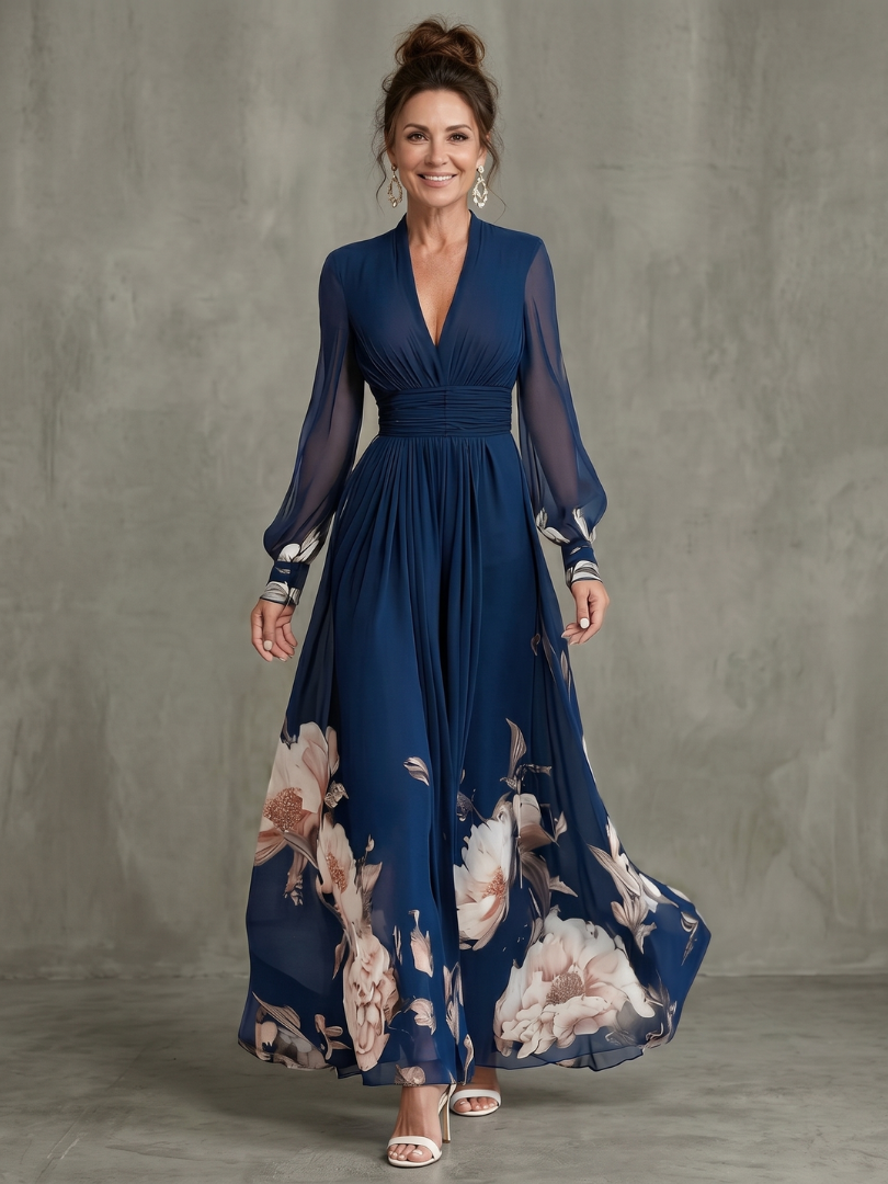 Lieve - Robe maxi femme à manches transparentes avec ourlet floral