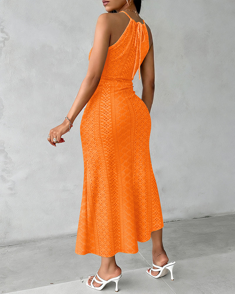 Fynovia™ - Robe midi femme jacquard ajourée col halter élégante fendue