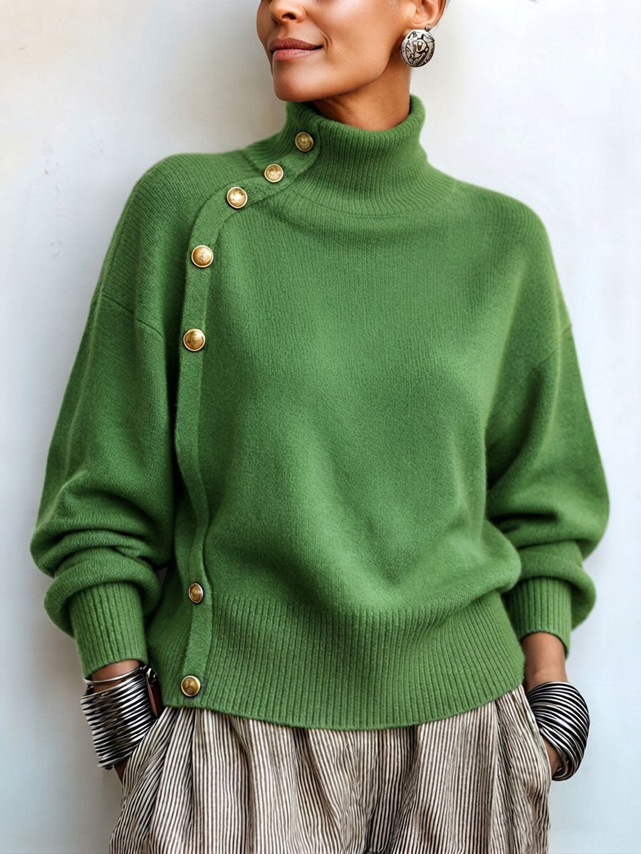 Willemijn - Pull femme à col roulé asymétrique avec boutons dorés