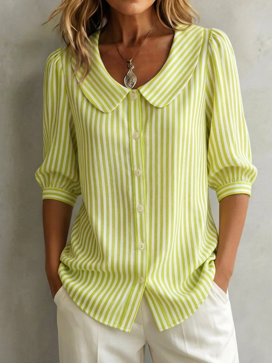 Halyssa™ - Blouse femme rayée col claudine boutons manches 3/4