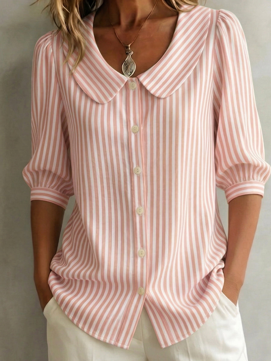 Halyssa™ - Blouse femme rayée col claudine boutons manches 3/4