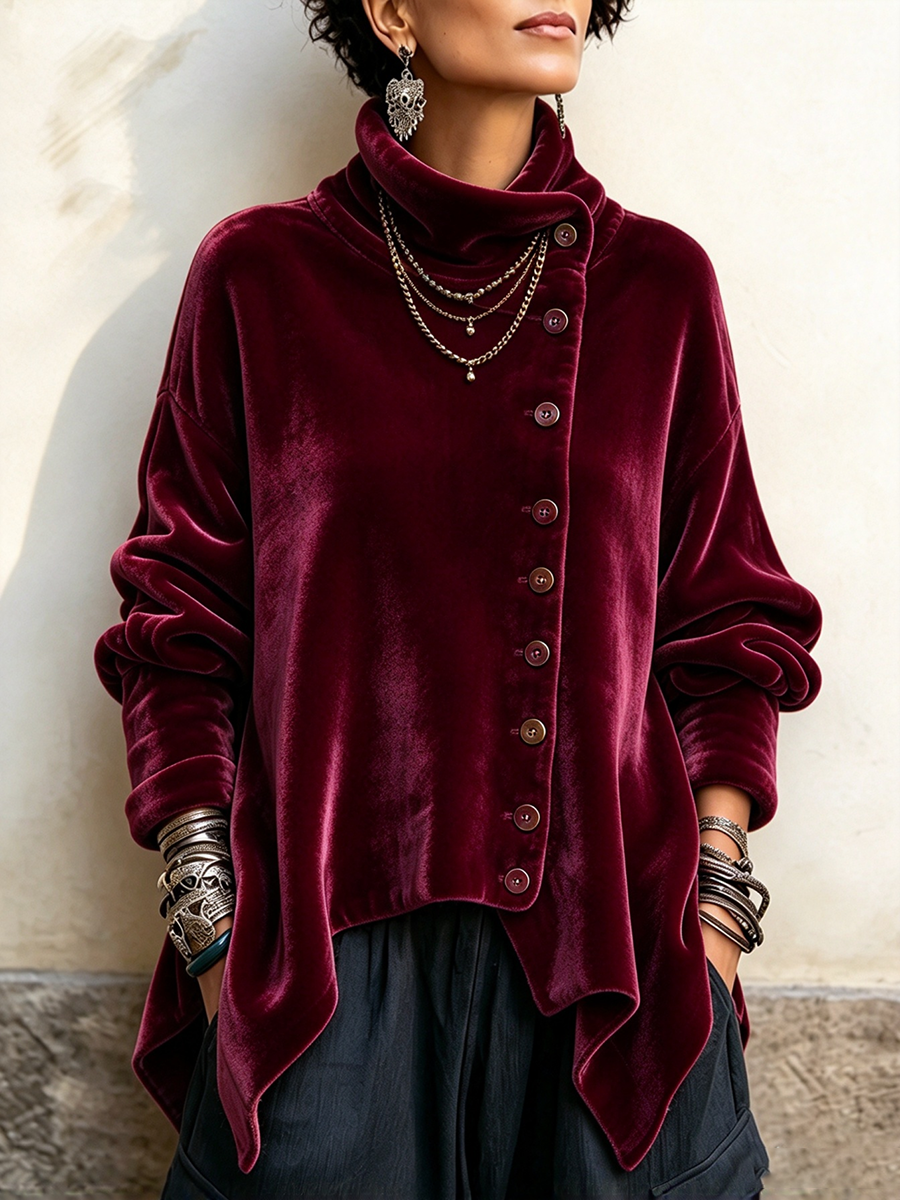 Marga - Top femme en velours à col roulé et coupe asymétrique