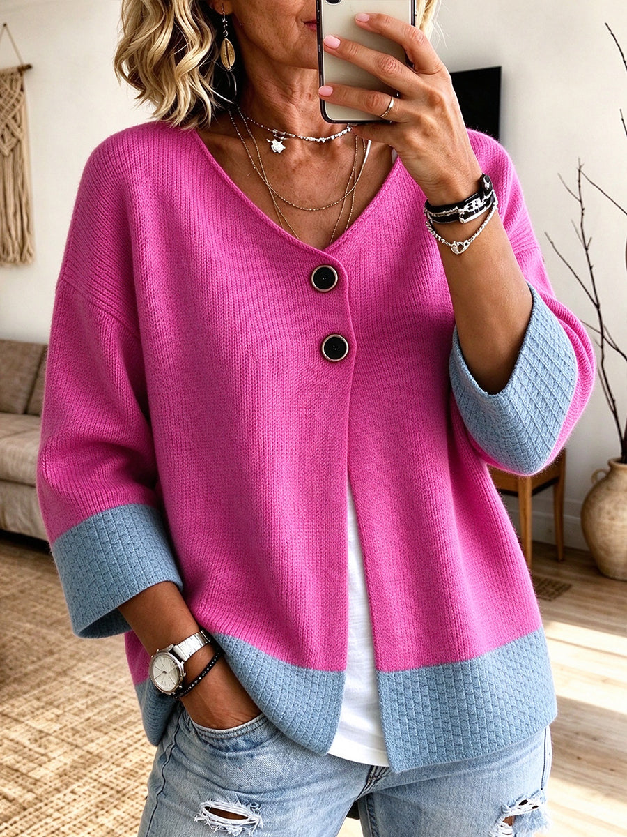 Geerke - Cardigan femme en maille bicolore à col V et boutons décoratifs