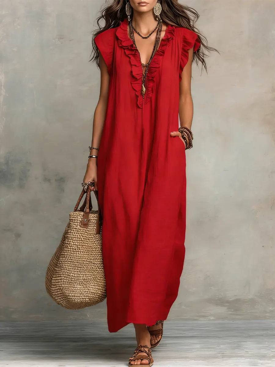 Izzellea™ - Robe Femme Longue Bohème Lin Coton Coupe Fluide Volants Élégants