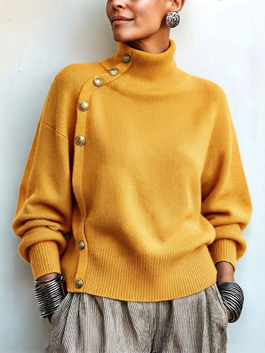 Willemijn - Pull femme à col roulé asymétrique avec boutons dorés