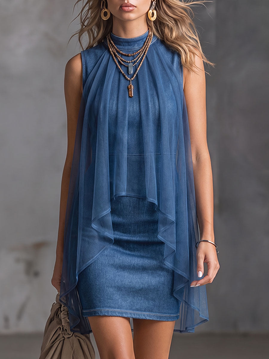 Haloria - Robe courte femme effet denim avec voile en chiffon