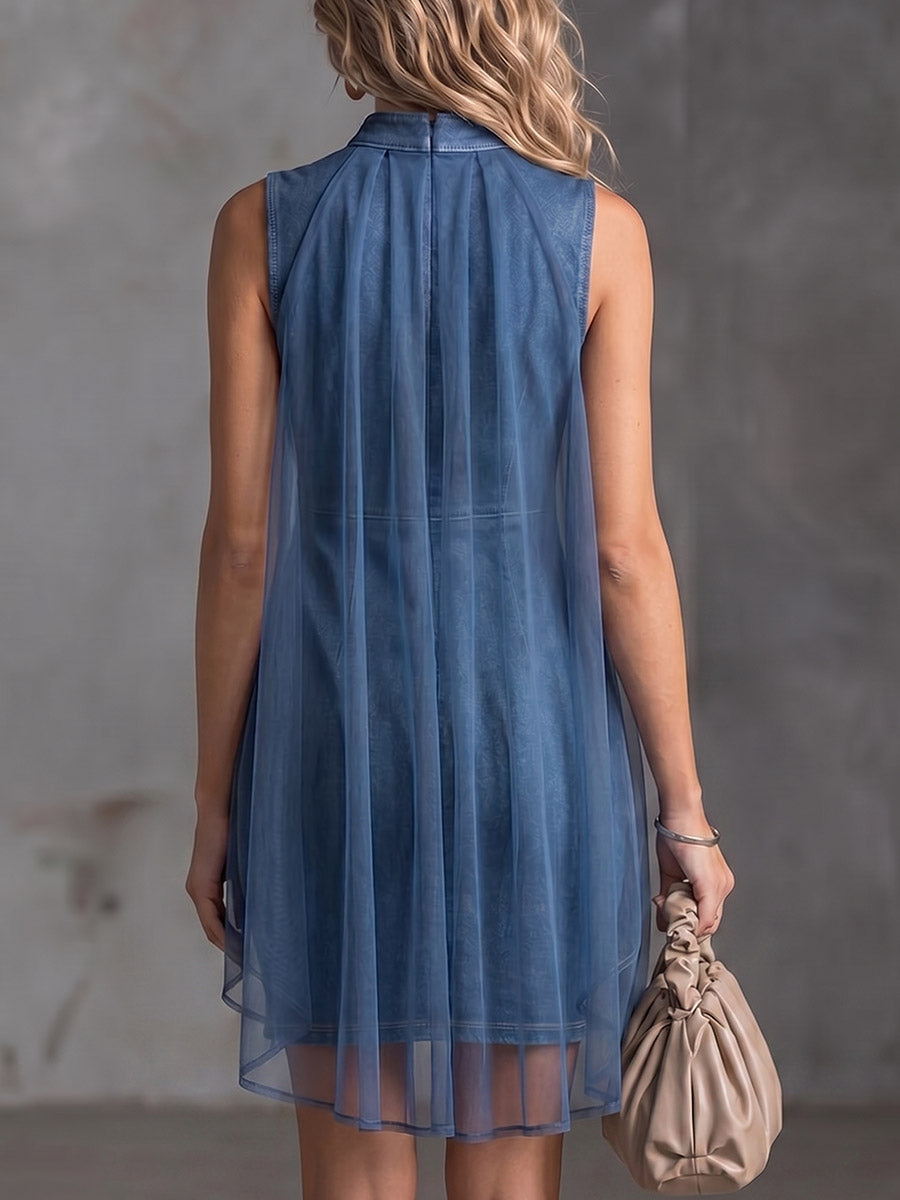 Haloria - Robe courte femme effet denim avec voile en chiffon