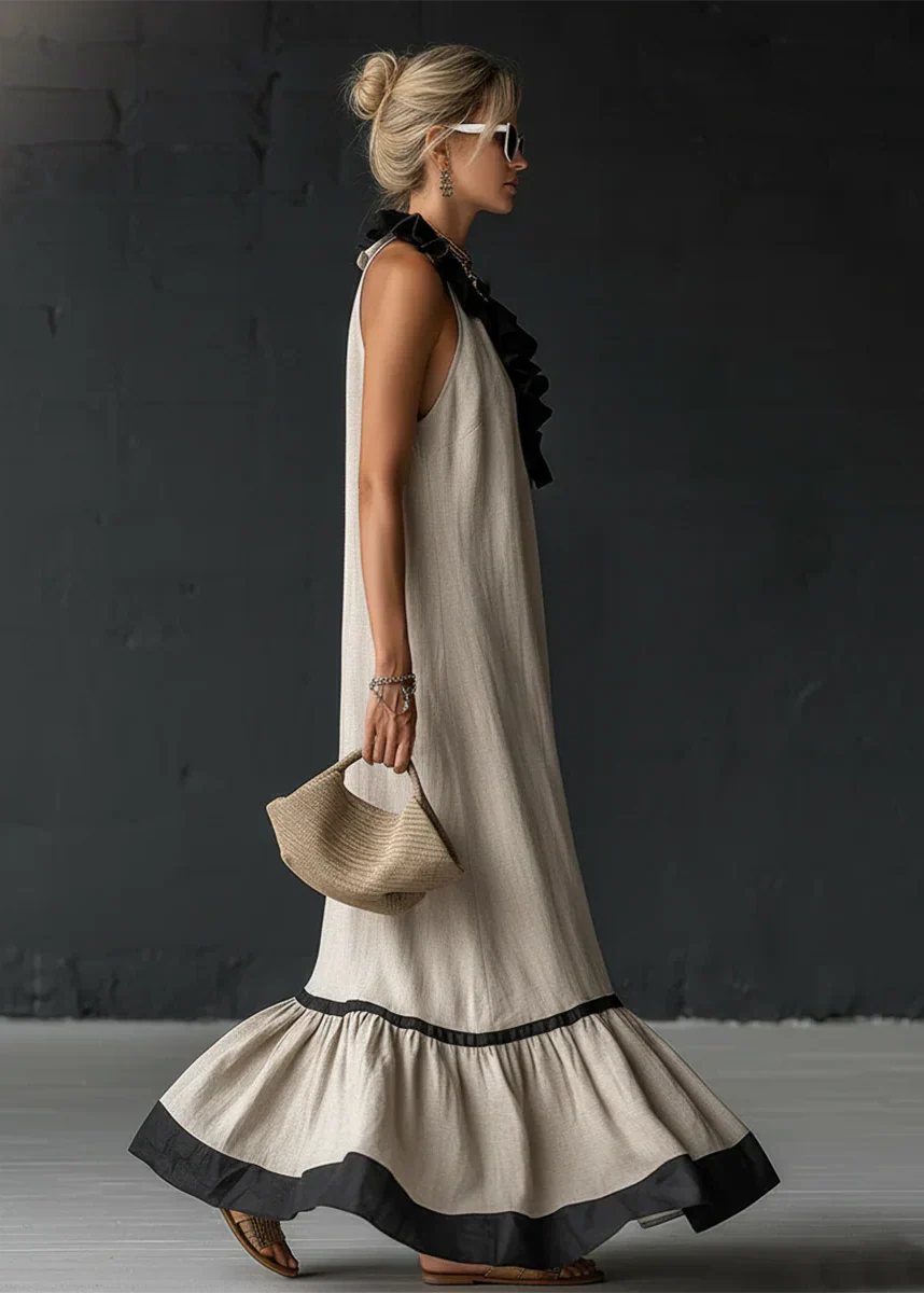 Gracelyn - Robe longue femme fluide avec volants contrastés