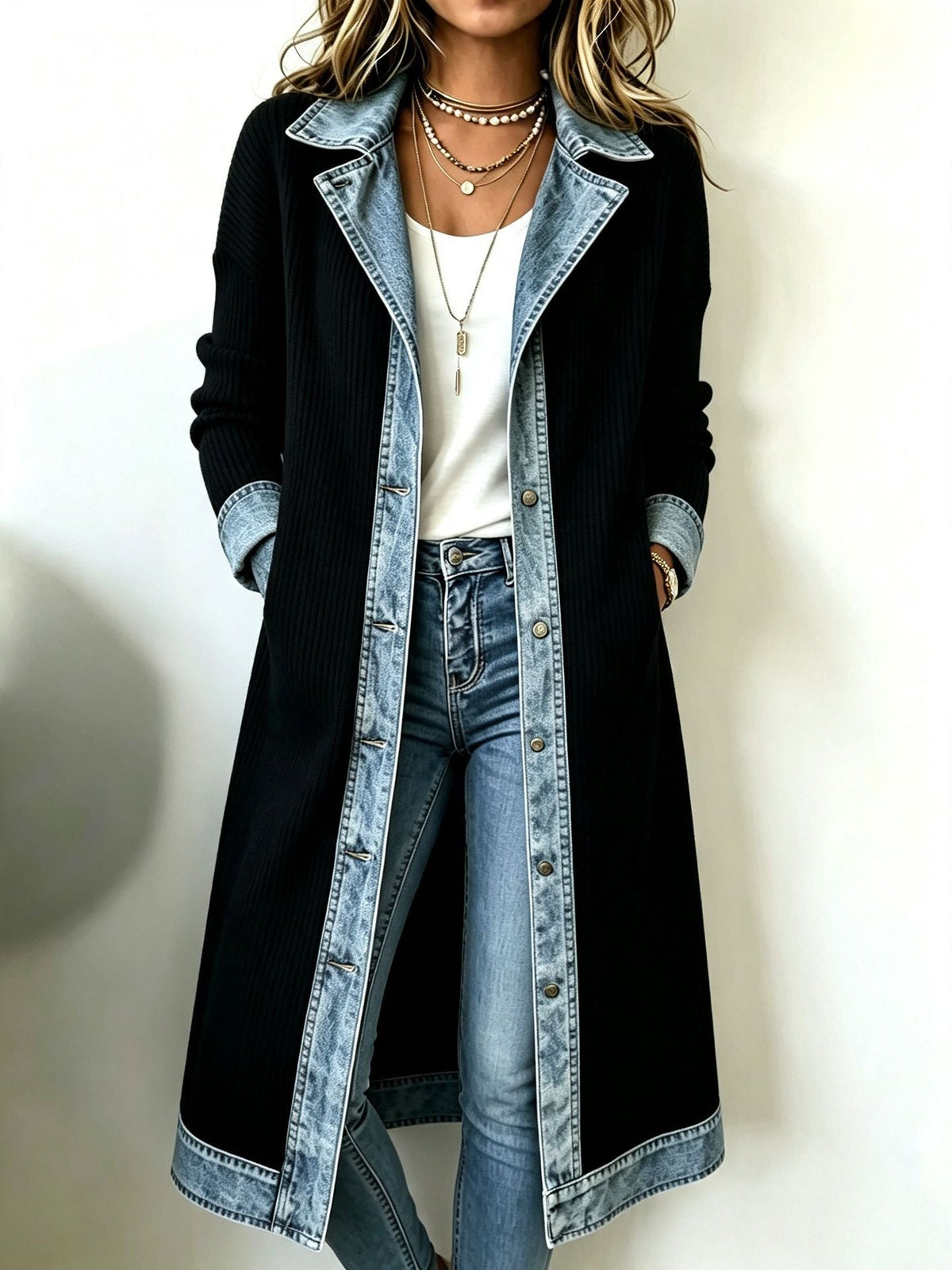 Béryl - Cardigan long femme en maille côtelée avec finitions denim