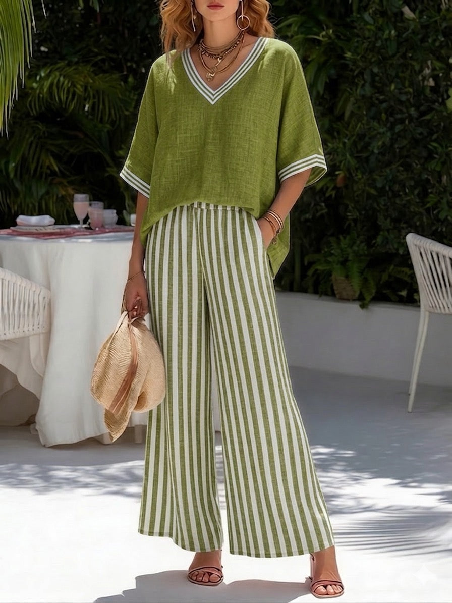 Gorixa™ - Ensemble Femme Lin Coton Rayé Coupe Large Style Estival Élégant
